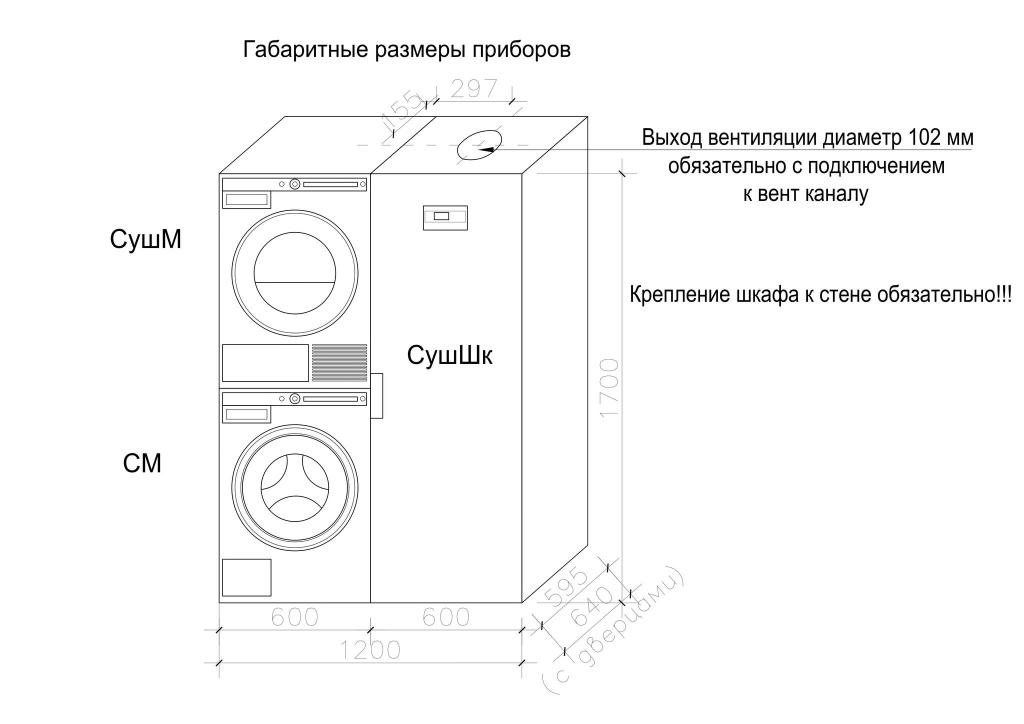 Размер шкафа для стиральной и сушильной машины